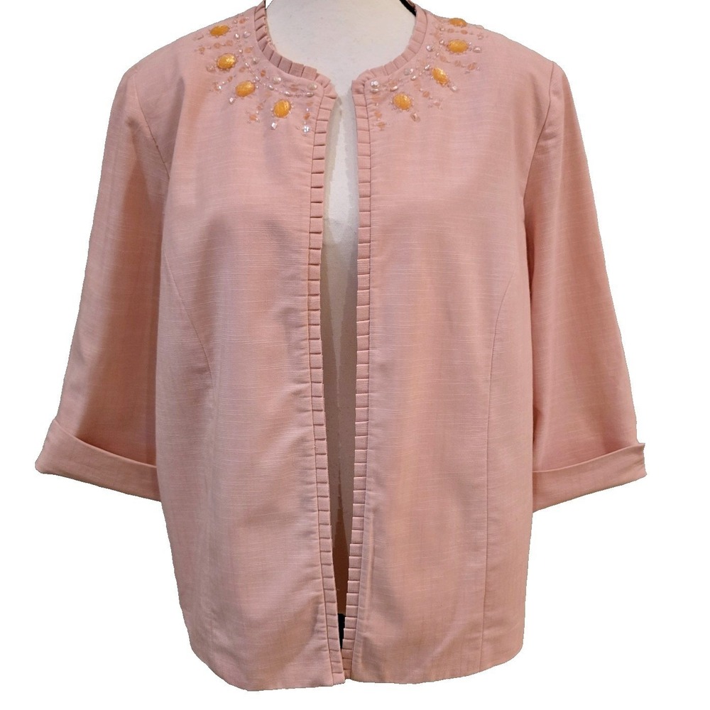 Alfred Dunner Blazer Womens 10 Light Blush Beaded Open Front Career Jacket